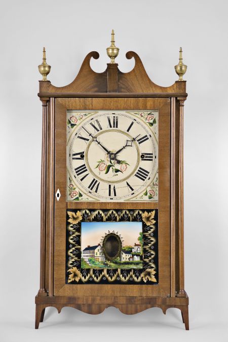 Norris North, Torrington, Conn., 30 hour, time and strike weight wood movement pillar & scroll shelf clock.
