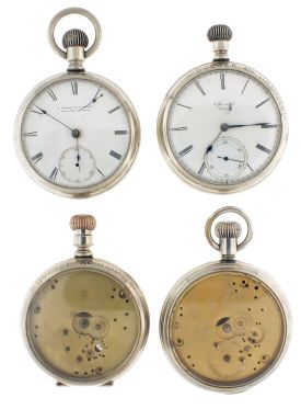 Pocket watch movements- 4 (Four): all E. Howard & Co., three series III, one with solid balance, and a series IV, all contained in nickel display cases, two with dials, serial #4585, 6857, 23066, 31130