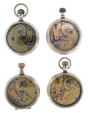 Pocket watch movements- 4 (Four): all E. Howard & Co., three series III, one with solid balance, and a series IV, all contained in nickel display cases, two with dials, serial #4585, 6857, 23066, 31130