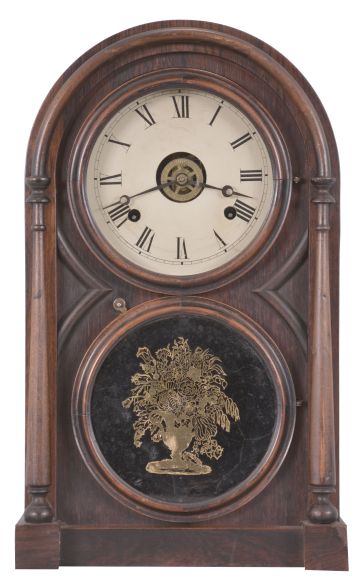 Clocks- 2 (Two): (1) Massachusetts Banjo clock in a mahogany case (no movement). c1820; (2) Atkins Clock Co., Bristol, Conn., "Round Top #1" shelf clock with a spring driven 8 day time, strike and alarm movement in a rosewood case. c1873.