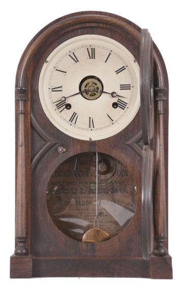 Clocks- 2 (Two): (1) Massachusetts Banjo clock in a mahogany case (no movement). c1820; (2) Atkins Clock Co., Bristol, Conn., "Round Top #1" shelf clock with a spring driven 8 day time, strike and alarm movement in a rosewood case. c1873.