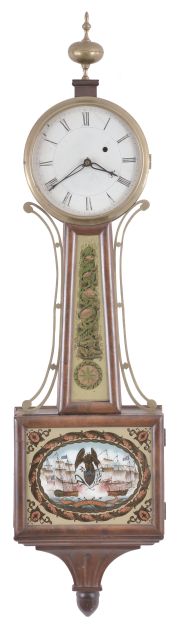 Clocks- 2 (Two): (1) Massachusetts Banjo clock in a mahogany case (no movement). c1820; (2) Atkins Clock Co., Bristol, Conn., "Round Top #1" shelf clock with a spring driven 8 day time, strike and alarm movement in a rosewood case. c1873.