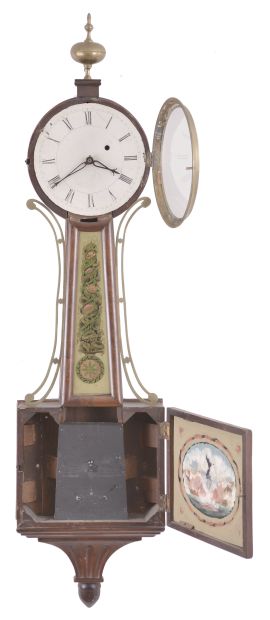 Clocks- 2 (Two): (1) Massachusetts Banjo clock in a mahogany case (no movement). c1820; (2) Atkins Clock Co., Bristol, Conn., "Round Top #1" shelf clock with a spring driven 8 day time, strike and alarm movement in a rosewood case. c1873.