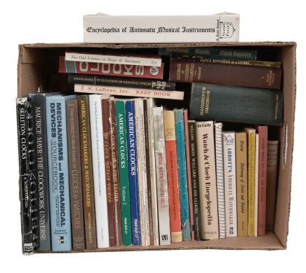 Books- 30 (Thirty): a full box of indispensable books on clocks, clock repair, mechanical music machines and automata. Titles include "Skeleton Clocks" by Royer-Collard, "Encyclopedia of Automatic Musical Instruments" by Bowers, "Musical Machines & Living Dolls" by Snyder-Grenier, and "The Clockwork Universe" by Mayr & Maurice. Other authors include Ord-Hume, Bailey, Spittler, Robinson & Burt, Ly, Terwilliger, Willard, DeCarle, Abbott, Bruton, Britton, Fried, Harris, and Kelly.