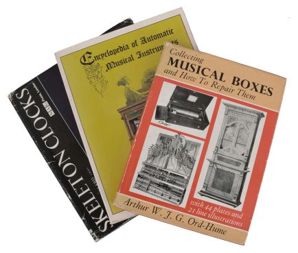 Books- 30 (Thirty): a full box of indispensable books on clocks, clock repair, mechanical music machines and automata. Titles include "Skeleton Clocks" by Royer-Collard, "Encyclopedia of Automatic Musical Instruments" by Bowers, "Musical Machines & Living Dolls" by Snyder-Grenier, and "The Clockwork Universe" by Mayr & Maurice. Other authors include Ord-Hume, Bailey, Spittler, Robinson & Burt, Ly, Terwilliger, Willard, DeCarle, Abbott, Bruton, Britton, Fried, Harris, and Kelly.