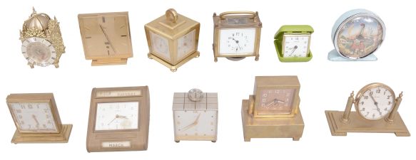 Clocks- 23 (Twenty-three): desk, novelty, and travel clocks including two double-sided and a weather station. Makers include Smiths, Ansonia, Elgin, Salem, New Haven, Charles Hour, Waltham, Imhof, Semca, Charles Mayer Co., Oswald, Horolover, and others