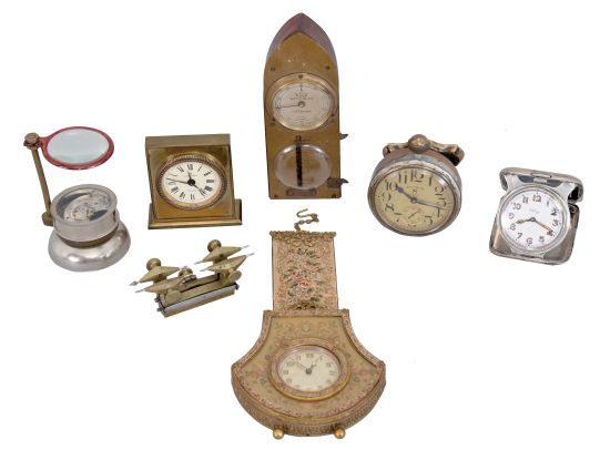 Lot of small clocks and watchmakers tools, including an Austrian chatelaine timepiece with needlework hanger, an 8 day Waltham automobile dash clock, a Hamilton alarm clock, and an 8 day Swiss travel timepiece with sterling silver case, together with a German watch glass gauge, a small depthing tool, and an unusual home made hairspring vibrator