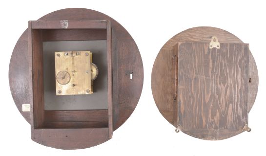 Clocks- 2 (Two) English Dial Clocks: (1) Coventry / Astral, England, dial clock, 8 day, time only, spring driven fusee movement in a walnut case with painted metal dial featuring the seal of the "London Midland & Scottish Railway Company", c1925; (2) England, dial clock, 8 day, spring driven fusee movement in a wood case with oak bezel, painted metal dial, c1915.