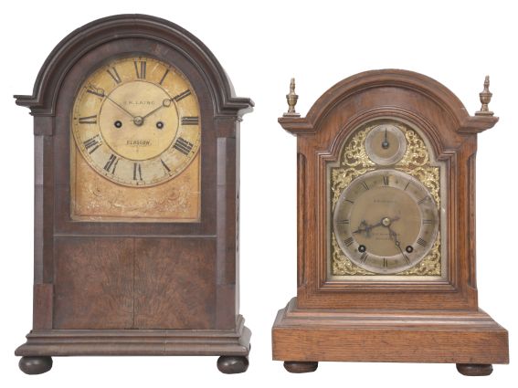 Clocks- 2 (Two): (1) England, J. R. Laing, Glasgow, 8 day, time and strike spring fusee brass movement bracket clock. c1900 (2) German, Winterhalder & Hofmeier, 8 day, time and strike spring brass movement bracket clock. Dial is signed "A.W. Pridham", Manchester (England). c1900