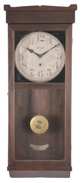 Clocks- 2 (Two) wall: (1) New Haven Clock Co., New Haven, Conn., "No. 3043" wall clock, 8 day, time only, spring driven movement in a mahogany finish case, c1917; (2) Self-winding Clock Co., New York, "No. 18-A" wall clock, time only, battery-powered winding mechanism driving an 80 beat per hour pendulum movement in birch case with cherry finish with painted metal dial, c1910.