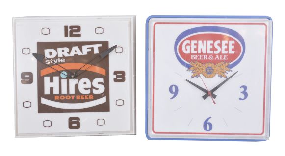 Clocks- 4 (Four) Plug-in Electric Advertising: (1) 7-Up wall clock with back-painted glass dial and wood frame, internal light with logo and the words "You Like It...It Likes You! "; (2) Genesee Beer & Ale wall clock with sweep seconds and internal illumination; (3) Frostie Root Beer clock with sweep seconds, dial with Frostie logo and tagline reading "The Smooth One! "; (4) Hires Draft Style Root Beer clock with internal illumination.