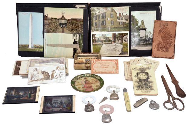 Large lot of advertising, ephemera, and smalls, including three sterling silver teething rings, time books from Loar Jewelry Co. advertising Elgin, Hamilton, and Waltham watches, an Elgin Watch Co. medal from the 1874 Chicago Expo, a lithographed "Taka- Kola" tip tray, two turtle form paperweights advertising "Billups Richmond", can and bottle openers from Lonestar, Coca Cola, Ortlieb
