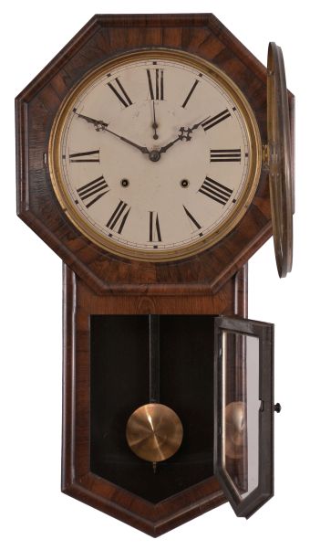 Clocks- 2 (Two): (1) E. N. Welch Mfg. Co., Forestville, Conn., "Verdi" hanging clock with a spring driven, 8 day, time and strike movement is a rosewood veneered case. c1880. (2) Seth Thomas Clock Co., Thomaston, Conn., "World" wall hanging clock with a spring driven 8 day time and strike movement in a rosewood veneered case. c1896.