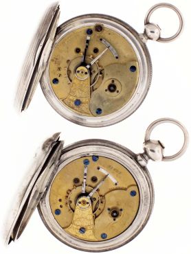 Pocket watches- 2 (Two): Both 18 size, keywound, 9- 11 jewel Rockford, both with Roman numerals white enamel dials, and coin silver hunting cases, serial #57627, 31427
