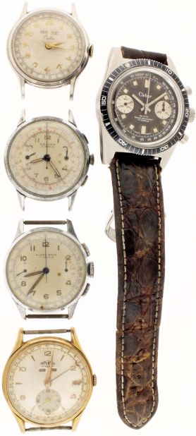 Wrist watches- 5 (Five): the first a Clebar Watch Co. chronograph, 17 jewel Valjoux 7733 movement, brown metal dial with constant seconds and 30 minute register, stainless steel case, the next a chronograph by Orloff, 17 jewel Valjoux 92 movement, Arabic numeral metal dial with constant seconds and 30 minute register, stainless steel case, the third a Croton with triple calendar, 17 jewel nickel movement, Arabic numeral metal dial with day/ date apertures below 12:00 and date at perimeter, stainless steel case, the next an Accro Bond chronograph, 17 jewel Venus 188 movement, Arabic numeral metal dial with constant seconds and 45 minute register, stainless steel case, and the last an Imperios with triple calendar, 17 jewel ETA 1164 movement, Arabic numeral and dart marker metal dial with day/ date apertures below 12:00 and date at perimeter, stainless steel case