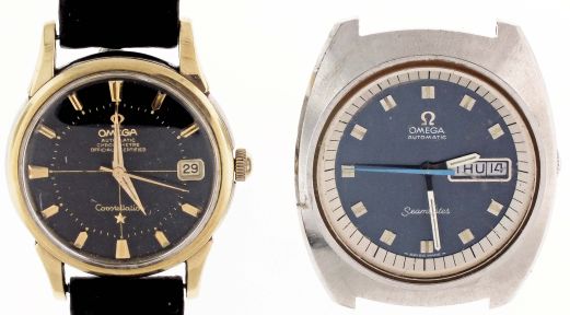 Wrist watches- 2 (Two): Both Omega, the first a ref. 14393/9 SC "Constellation", 24 jewel automatic cal. 561 movement, black painted dial with gold indices, gold and stainless steel case, serial #17605795, the other a ref. 166.089 "Seamaster", 17 jewel cal. 750 movement, blue dial with day/ date aperture at 3:00, stainless steel case, serial #32561174