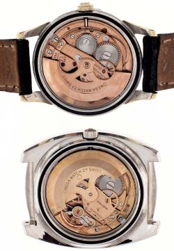 Wrist watches- 2 (Two): Both Omega, the first a ref. 14393/9 SC "Constellation", 24 jewel automatic cal. 561 movement, black painted dial with gold indices, gold and stainless steel case, serial #17605795, the other a ref. 166.089 "Seamaster", 17 jewel cal. 750 movement, blue dial with day/ date aperture at 3:00, stainless steel case, serial #32561174