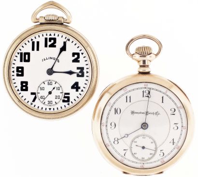 Pocket watches- 2 (Two): The first a Hampden "Golden Gate Special", 18 size, 17 jewel damascened nickel movement, Arabic numeral white enamel dial, gold filled open face case, serial #751921, the other an Illinois "Bunn", 16 size, 19 jewel damascened nickel movement, Arabic numeral white enamel dial, gold filled open face case, serial #4726204