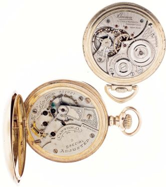 Pocket watches- 2 (Two): The first a Hampden "Golden Gate Special", 18 size, 17 jewel damascened nickel movement, Arabic numeral white enamel dial, gold filled open face case, serial #751921, the other an Illinois "Bunn", 16 size, 19 jewel damascened nickel movement, Arabic numeral white enamel dial, gold filled open face case, serial #4726204