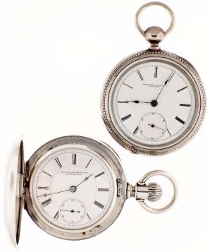 Pocket watches- 2 (Two): Both 18 size, Rockford contract watches, the first for G.W.A. Lange & Son, Victoria, B.C., 11- 15 jewel gilt movement, Roman numeral white enamel dial, heavy coin silver hunting case, serial #162220, the other for Henry C. Graffe & Co., Wabash, Ind., 11- 15 jewel, keywound gilt movement, Roman numeral white enamel dial, coin silver open face case, serial #13174