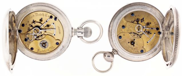 Pocket watches- 2 (Two): Both 18 size, Rockford contract watches, the first for G.W.A. Lange & Son, Victoria, B.C., 11- 15 jewel gilt movement, Roman numeral white enamel dial, heavy coin silver hunting case, serial #162220, the other for Henry C. Graffe & Co., Wabash, Ind., 11- 15 jewel, keywound gilt movement, Roman numeral white enamel dial, coin silver open face case, serial #13174