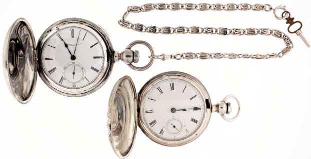 Pocket watches- 2 (Two): Both 18 size, the first a Tremont Watch Co., 11- 15 jewel, keywound gilt movement, Roman numeral white enamel dial, coin silver hunting case, with steel chain, serial #3834, the other an Illinois "Iowa Watch Co.", 11 jewel, keywound gilt movement, Roman numeral white enamel dial, coin silver hunting case, serial #149228