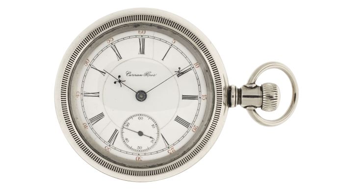 Pocket watches- 2 (Two): Both 18 size, the first a Hamilton "937" for Curran Bros., New Lexington, Ohio, 17 jewel damascened nickel movement, Roman numeral white enamel dial, silver display case, serial #7085, the other an Illinois for Stewart, Chicago, 15 jewel damascened nickel movement, Roman numeral white enamel dial, engraved coin silver hunting case, serial #1344840