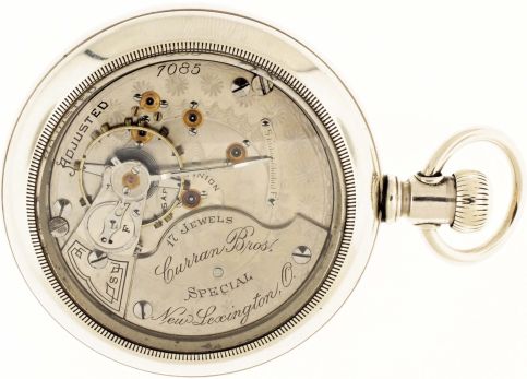 Pocket watches- 2 (Two): Both 18 size, the first a Hamilton "937" for Curran Bros., New Lexington, Ohio, 17 jewel damascened nickel movement, Roman numeral white enamel dial, silver display case, serial #7085, the other an Illinois for Stewart, Chicago, 15 jewel damascened nickel movement, Roman numeral white enamel dial, engraved coin silver hunting case, serial #1344840