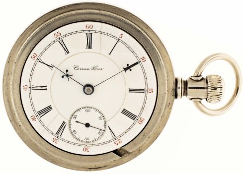 Pocket watches- 2 (Two): Both 18 size, the first a Hamilton "937" for Curran Bros., New Lexington, Ohio, 17 jewel damascened nickel movement, Roman numeral white enamel dial, silver display case, serial #7085, the other an Illinois for Stewart, Chicago, 15 jewel damascened nickel movement, Roman numeral white enamel dial, engraved coin silver hunting case, serial #1344840
