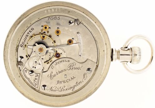 Pocket watches- 2 (Two): Both 18 size, the first a Hamilton "937" for Curran Bros., New Lexington, Ohio, 17 jewel damascened nickel movement, Roman numeral white enamel dial, silver display case, serial #7085, the other an Illinois for Stewart, Chicago, 15 jewel damascened nickel movement, Roman numeral white enamel dial, engraved coin silver hunting case, serial #1344840