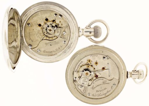 Pocket watches- 2 (Two): Both 18 size, the first a Hamilton "937" for Curran Bros., New Lexington, Ohio, 17 jewel damascened nickel movement, Roman numeral white enamel dial, silver display case, serial #7085, the other an Illinois for Stewart, Chicago, 15 jewel damascened nickel movement, Roman numeral white enamel dial, engraved coin silver hunting case, serial #1344840