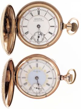 Pocket watches- 2 (Two): Both 18 size, the first a Columbus "Railway King", 16- 17 jewel, two tone damascened nickel movement, Roman numeral white enamel dial, gold filled hunting case, serial #308934, the other an Elgin, 17 jewel damascened nickel movement, Roman numeral O