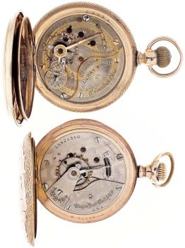 Pocket watches- 2 (Two): Both 18 size, the first a Columbus "Railway King", 16- 17 jewel, two tone damascened nickel movement, Roman numeral white enamel dial, gold filled hunting case, serial #308934, the other an Elgin, 17 jewel damascened nickel movement, Roman numeral O