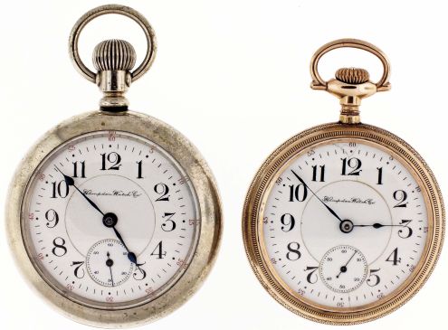 Pocket watches- 2 (Two): Both 18 size Hampden "Special Railway", the first with 23 jewel, two tone damascened nickel plate movement, Arabic numeral white enamel dial, gold filled open face case, serial #1386191, the other with 21 jewel, two tone damascened nickel movement, arabic numeral white enamel dial, silverode open face case, serial #1380194