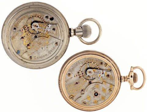 Pocket watches- 2 (Two): Both 18 size Hampden "Special Railway", the first with 23 jewel, two tone damascened nickel plate movement, Arabic numeral white enamel dial, gold filled open face case, serial #1386191, the other with 21 jewel, two tone damascened nickel movement, arabic numeral white enamel dial, silverode open face case, serial #1380194