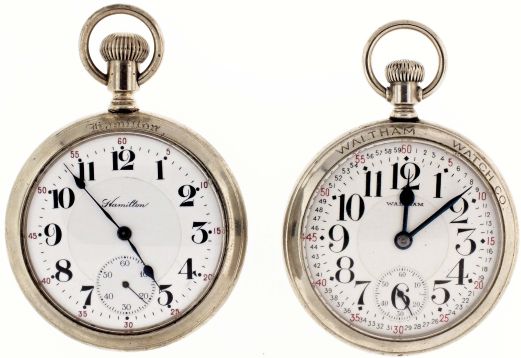 Pocket watches- 2 (Two): Both 16 size, the first a Hamilton "960", 21 jewel damascened nickel movement, Arabic numeral white enamel dial, Hamilton display case, serial #754922, the other a Waltham "Vanguard", 23 jewel damascened nickel movement, Montgomery Arabic numeral white enamel dial, Waltham display case, serial #23197420