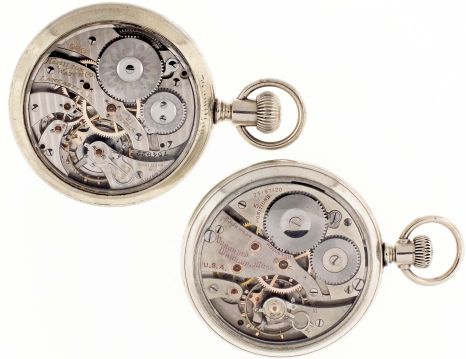 Pocket watches- 2 (Two): Both 16 size, the first a Hamilton "960", 21 jewel damascened nickel movement, Arabic numeral white enamel dial, Hamilton display case, serial #754922, the other a Waltham "Vanguard", 23 jewel damascened nickel movement, Montgomery Arabic numeral white enamel dial, Waltham display case, serial #23197420