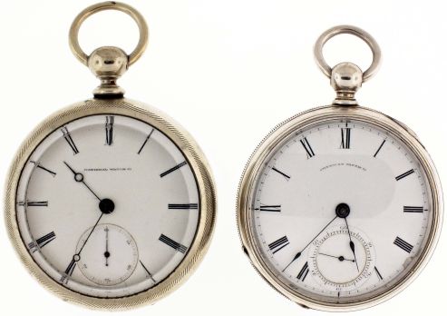 Pocket watches- 2 (Two): Both 18 size keywound, the first a Waltham "P.S. Bartlett", 11 jewel gilt movement, Roman numeral white enamel dial, sterling silver open face case, serial #373638, the other an Elgin "W.H. Ferry", 11 jewel gilt movement, Roman numeral white enamel dial, oresilver open face case, serial #93707
