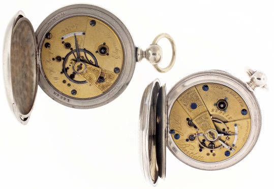 Pocket watches- 2 (Two): Both 18 size keywound, the first a Waltham "P.S. Bartlett", 11 jewel gilt movement, Roman numeral white enamel dial, sterling silver open face case, serial #373638, the other an Elgin "W.H. Ferry", 11 jewel gilt movement, Roman numeral white enamel dial, oresilver open face case, serial #93707