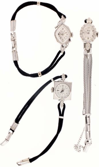 Wrist watches- 3 (Three): makers including Hamilton, gruen and Longines, 17 jewel movements, metal dials with various markers, 14 karat white gold cases, one set with diamonds