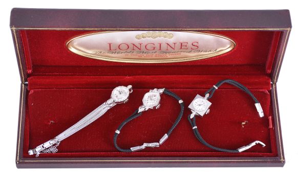 Wrist watches- 3 (Three): makers including Hamilton, gruen and Longines, 17 jewel movements, metal dials with various markers, 14 karat white gold cases, one set with diamonds