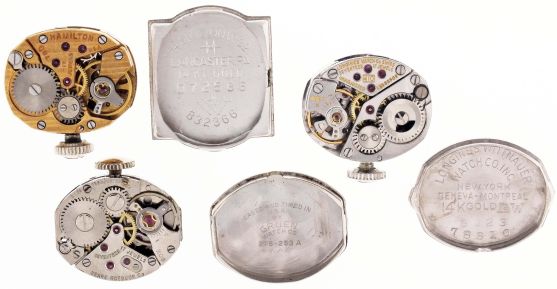 Wrist watches- 3 (Three): makers including Hamilton, gruen and Longines, 17 jewel movements, metal dials with various markers, 14 karat white gold cases, one set with diamonds