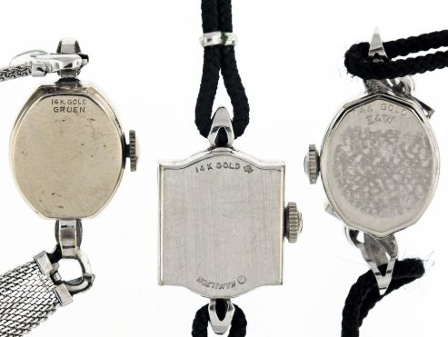 Wrist watches- 3 (Three): makers including Hamilton, gruen and Longines, 17 jewel movements, metal dials with various markers, 14 karat white gold cases, one set with diamonds