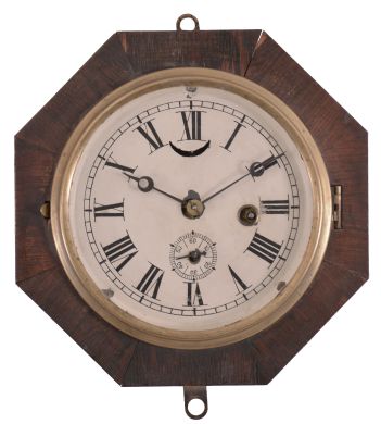 Clocks- 4 (Four) Marine Lever: (1) E.N. Welch Manufacturing Co., Forestville, Conn., "Bismarck" Lever, 30 hour, time only, spring driven movement with lever escapement in a brass case, c1880; (2) E.N. Welch, Forestville, Conn., "Octagon Lever", 30 hour, time only, spring driven movement with lever escapement in a rosewood veneered case with painted metal dial, c1885; (3) Probably Welch, octagonal lever, 30 hour, time only, spring driven movement with lever escapement in a rosewood veneered case with painted metal dial, c1885; (4) S.E. Root, Bristol, Conn., marine lever, 30 hour, time only, spring driven movement in a turned walnut case with paper dial, c1875.