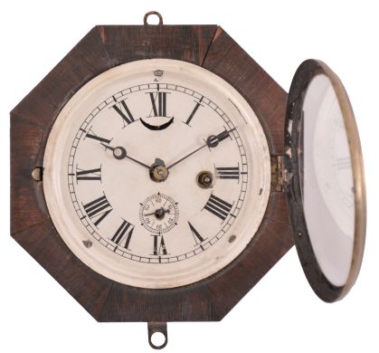 Clocks- 4 (Four) Marine Lever: (1) E.N. Welch Manufacturing Co., Forestville, Conn., "Bismarck" Lever, 30 hour, time only, spring driven movement with lever escapement in a brass case, c1880; (2) E.N. Welch, Forestville, Conn., "Octagon Lever", 30 hour, time only, spring driven movement with lever escapement in a rosewood veneered case with painted metal dial, c1885; (3) Probably Welch, octagonal lever, 30 hour, time only, spring driven movement with lever escapement in a rosewood veneered case with painted metal dial, c1885; (4) S.E. Root, Bristol, Conn., marine lever, 30 hour, time only, spring driven movement in a turned walnut case with paper dial, c1875.