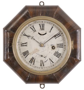 Clocks- 4 (Four) Marine Lever: (1) E.N. Welch Manufacturing Co., Forestville, Conn., "Bismarck" Lever, 30 hour, time only, spring driven movement with lever escapement in a brass case, c1880; (2) E.N. Welch, Forestville, Conn., "Octagon Lever", 30 hour, time only, spring driven movement with lever escapement in a rosewood veneered case with painted metal dial, c1885; (3) Probably Welch, octagonal lever, 30 hour, time only, spring driven movement with lever escapement in a rosewood veneered case with painted metal dial, c1885; (4) S.E. Root, Bristol, Conn., marine lever, 30 hour, time only, spring driven movement in a turned walnut case with paper dial, c1875.