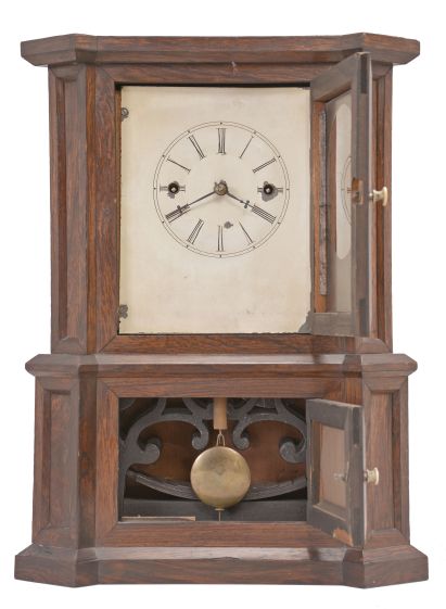 Atkins, Whiting and Co., Bristol, Conn., "Parlor No. 1" rosewood shelf clock with 30 day, time only, Ives wagon spring movement.