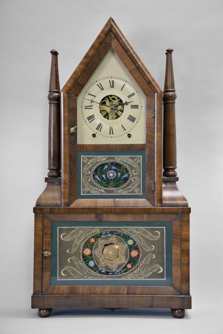 Birge & Fuller, Bristol, Conn., 8 day, time and strike wagon spring brass movement steeple on frame with candle finials shelf clock.