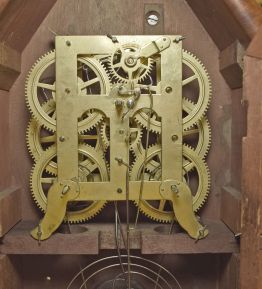 Birge & Fuller, Bristol, Conn., 8 day, time and strike wagon spring brass movement steeple on frame with candle finials shelf clock.