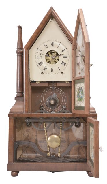 Birge & Fuller, Bristol, Conn., 8 day, time and strike wagon spring brass movement steeple on frame with candle finials shelf clock.